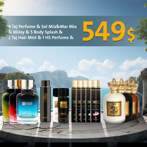 4 عطور تاج وسول ميا ومار ميا وميجوي و5 معطر للجسم و2 معطر للشعر وعطر إتش إس